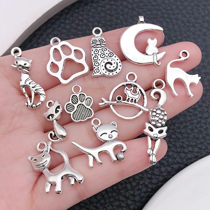 WOCRAFT 60pcs Antique Silver Cat Bracelet Charms for Jewelry Making Sets DIY Necklace Bracelet Keychain Crafting Charms Kit Craft Supplies (SN839)
