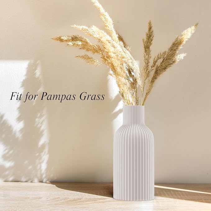 White Ceramic Flower Vase, Minimalist Modern Home Decor, Matte Finish Pampas Grass Vase for Table, Fireplace, Shelf, Mantel, Entryway and Centerpieces