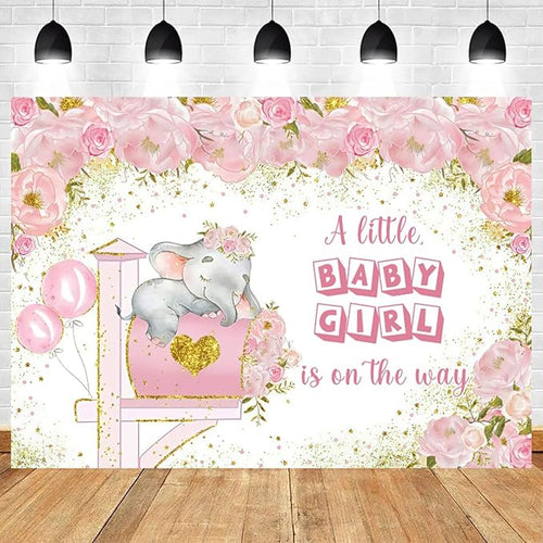 15x10ft Elephant Baby Shower Backdrop A Little Baby Girl is On The Way Photography Background Pink Floral Balloon Mailbox Baby Girls Party Banner Decorations Newborn Portrait Photo Booth Prop