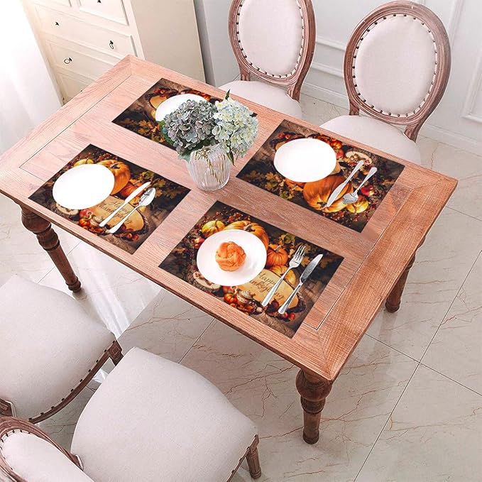 PVC Placemats Set of 6 Wipeable Table Mats Washable Heat Resistant Non Slip Vinyl Dining Table Mat for Kitchen Indoor Outdoor Patio Farmhouse Place Mats Thanksgiving Pumpkin Decorate Decorative