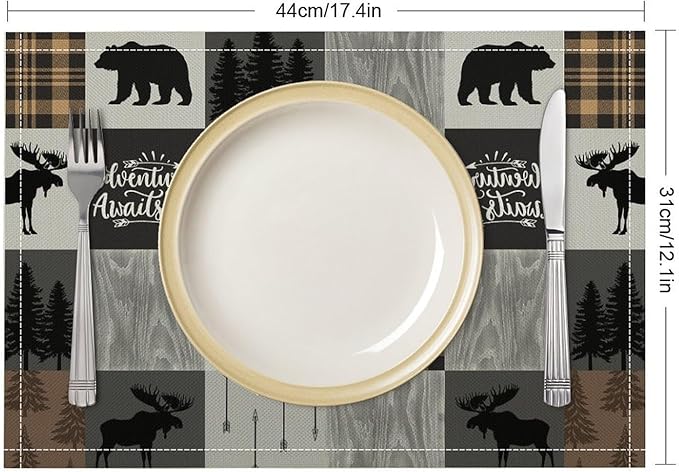 Rustic Cabin Placemats Bear Deer Moose Hunting Plaid Check Art Printed Dining Table Mats Set of 4 for Home Kitchen Holiday Picnic Party Decor 12x18in