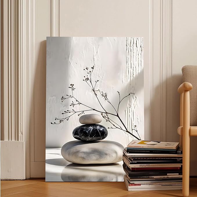 Gray and black stone pile and dried flowers poster canvas wall art in harmony Minimalist wall art for tranquil homes and mindful spaces 20x30in Wood Framed