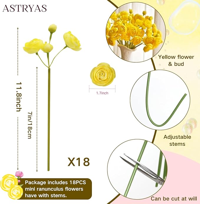 ASTRYAS 18Pcs Ranunculus Artificial Flowers, Yellow Faux Silk Mini Peony Flowers Fake Peonies Wedding Flowers DIY Bouquet for Centerpieces Arrangements Bridal Shower Decorations