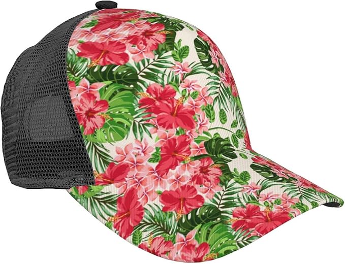Tropical Pink Flowers Hats Women Men Hawaii Trucker Hat Adjustable Snapback Mesh Baseball Cap Hat