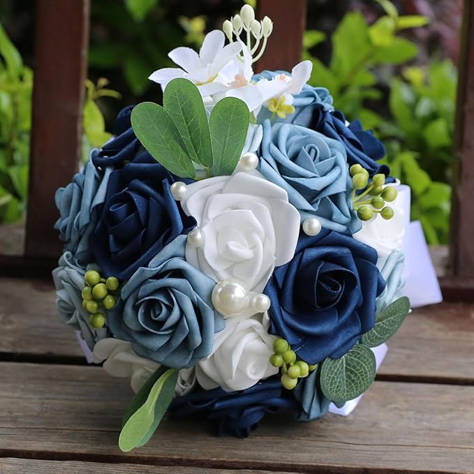 Lightweight Bridal Wedding Bouquet Round Holding Bouquet Throw Toss Artificial Rose Flower Bunch for Bride Bridesmaid Wedding Quinceanera (White & Shades of Blue, 9.1")