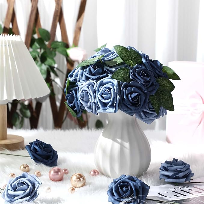 100 Pieces Artificial Foam Rose Flowers Faux Bouquet with Leaves and Stems for DIY Wedding Bouquets Centerpieces Bridal Shower Party Valentine Home Decorations(Dusty Blue Shades)