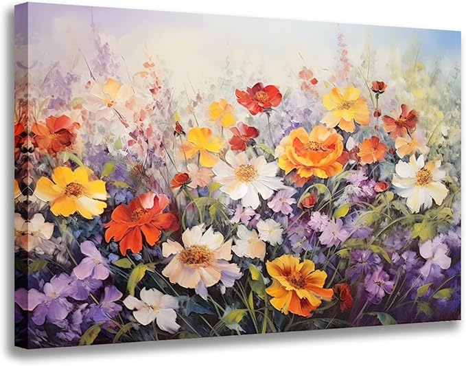 GLOKAKA Flowers Wall Art Colorful Landscape Lush Wildflowers Painting Print on Canvas Purple Yellow Floral Daisy Flower Picture for Home Bedroom Office Decor (Lush Flowers, 36"x24")