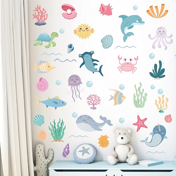 AOWDIAO 58 Pcs Ocean Animals Wall Decals - Peel and Stick Under The Sea Kids’ Room & Nursery Decor