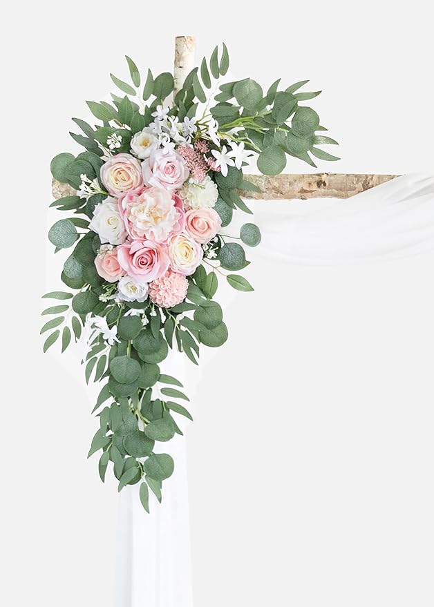 ponatia Artificial Wedding Arch Flowers with 26Ft Arch Draping Fabric, Pink Wedding Flowers for Wedding Welcome Signs Floral Decorations and Wedding Reception Ceremony Decor (Blush Pink & Ivory)