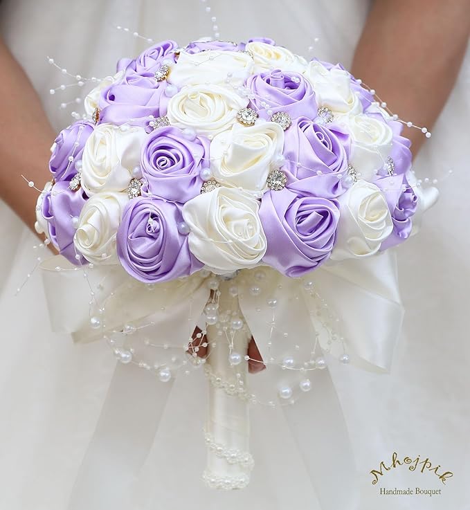 Bridal Wedding Bouquet Round Bling Brooch Bouquet Throw Toss Artificial Rose Flower Bunch for Bride Bridesmaid Wedding Quinceanera(Light Purple & Ivory, 6.3")