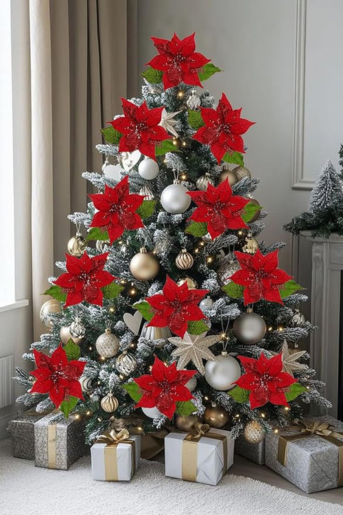 10" Poinsettia Flower Artificial for Christmas Tree Decor, 3 Pcs Faux Glitter Poinsettias Stems for DIY Xmas Wreath & Garland, Christmas Ornaments for Home Party & Holiday Decorations, Dark Red