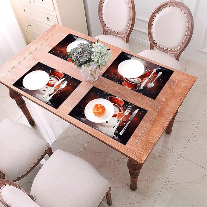 PVC Placemats Set of 4 Wipeable Table Mats Washable Heat Resistant Non Slip Vinyl Dining Table Mat for Kitchen Indoor Outdoor Patio Farmhouse Place Mats Christmas Snowman Red Decorative