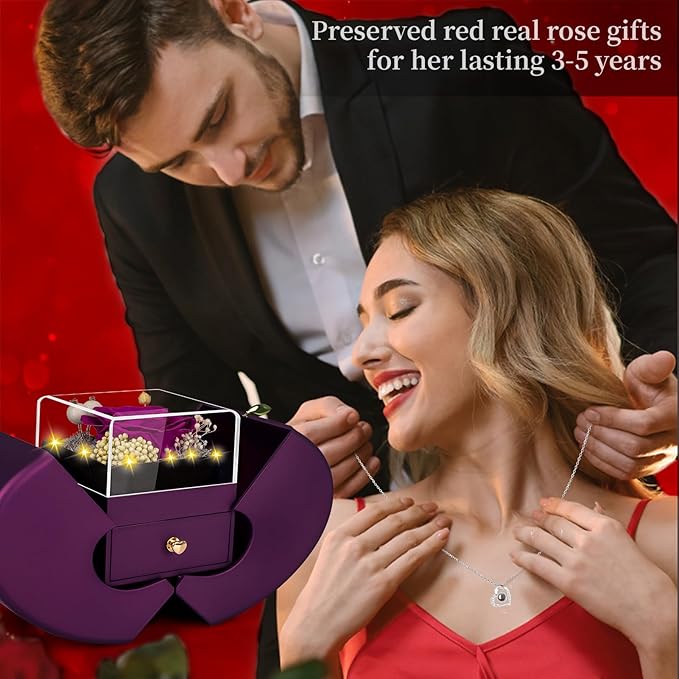 Preserved Purple Real Rose with I Love You Necklace, Eternal Flowers Rose Birthday Gifts for Women Her Mom Wife Girlfriend Grandma Christmas on Valentines Mothers Day Anniversary Romantic-Purple