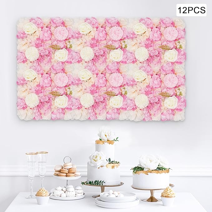 12Pcs Artificial Flower Wall Panel,3D 15" X 15" Silk Rose Mat Artificial Flower Wall,Decorative Backdrop Flower Panels Wall for Wedding Party Stage Baby Shower Decor (Pink,White)