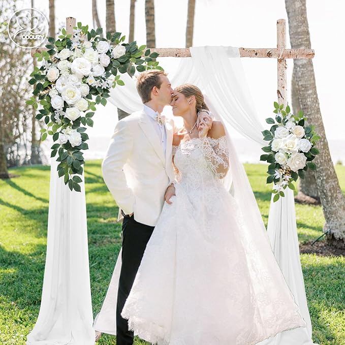 Wedding Arch Flowers Kit,Artificial Flower Arch Decor (Set of 3),2pcs Artificial Flower Arrangement with 1pc Sheer Drape for Wedding Decor Reception Backdrop Floral Decorations (Ivory White)