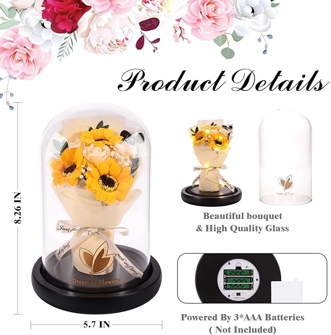 Christmas Sunflower Gifts for Her,Flower Rose in Glass Dome with 2 Lighting Mode,Sunflower Gifts for Mom,Artificial Forever Flowers Xmas Birthday Gifts for Women Mom Wife Girlfriend Sister Friend