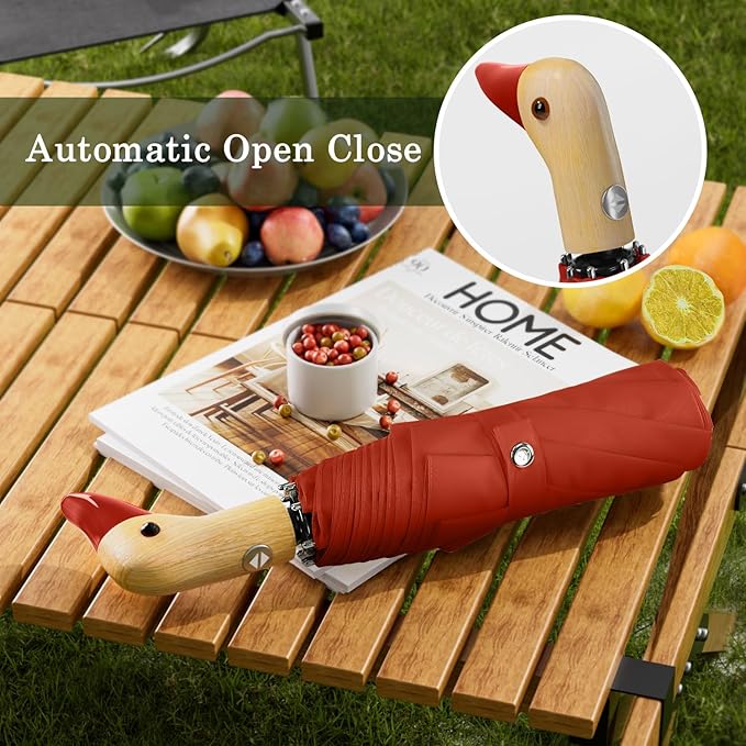 Cute Duck Umbrella Automatic - Compact Pretty Pocket Size Strong Duck Collapsible Umbrella Yellow Wooden Handle for Women