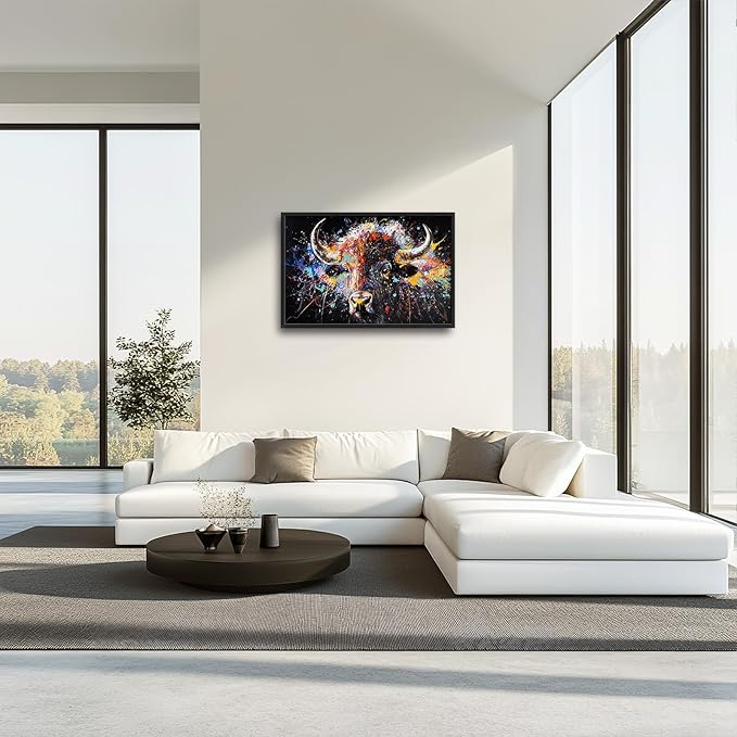 Large Graffiti Highland Cow Wall Art for Living Room, Framed Oversized Bison Buffalo Wall Decor Banksy Canvas Painting Animal Pictures Modern Artwork for Living Room Bedroom Office 36"x24"