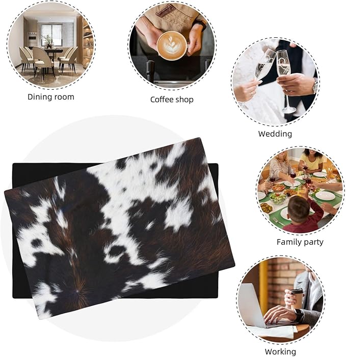 Vintage Cowhide Animal Placemats, Natural Rustic Farm Vintage Cow Animal Fur Texture Print Washable Fabric Placemats Table Kitchen Dining Party 12x18 Inch Set of 4