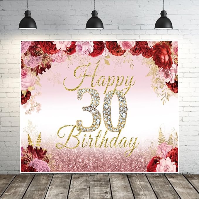 10x8ft Happy 30th Birthday Backdrop Pink Red Rose Flower Bush Garden Birthday Photography Background Floral Themed Women 30th Birthday Party Decoration