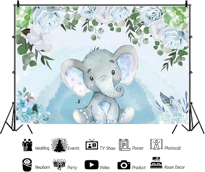 AOFOTO Flowers Baby Elephant Backdrop Light Blue 12x8ft Boy Gender Reveal Party Decorations Sweet Floral Baby Shower Photo Shoot Background for Photography Kids Child Birthday Photo Studio Props Vinyl