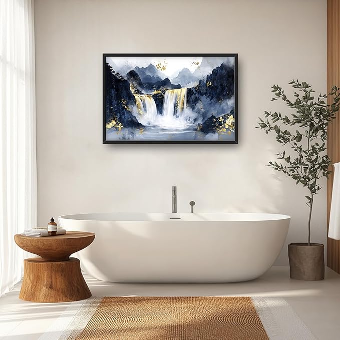 Extra Large Abstract Golden Waterfall Framed Wall Art for Living Room,Oversized Foggy Mountain Pictures Wall Decor,Canvas Print Painting Modern Artwork Bedroom Office Bathroom 36L x 24W