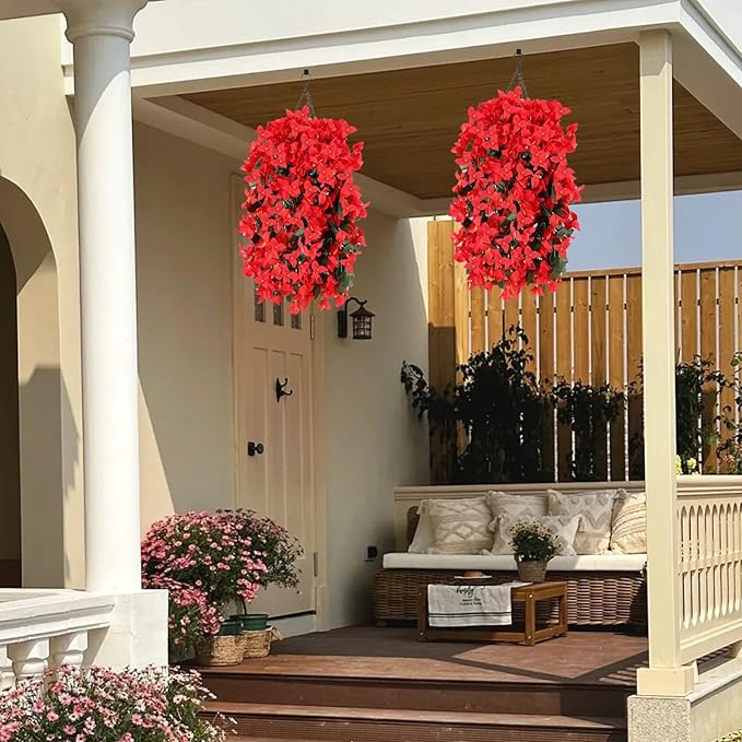 Artificial Bougainvillea Flowers for Outdoor Plant,12 pcs Faux Hanging Flowers Bougainvillea for Outside Decoration,Fake Silk UV Resistant Vines for Front Door Porch(Red)