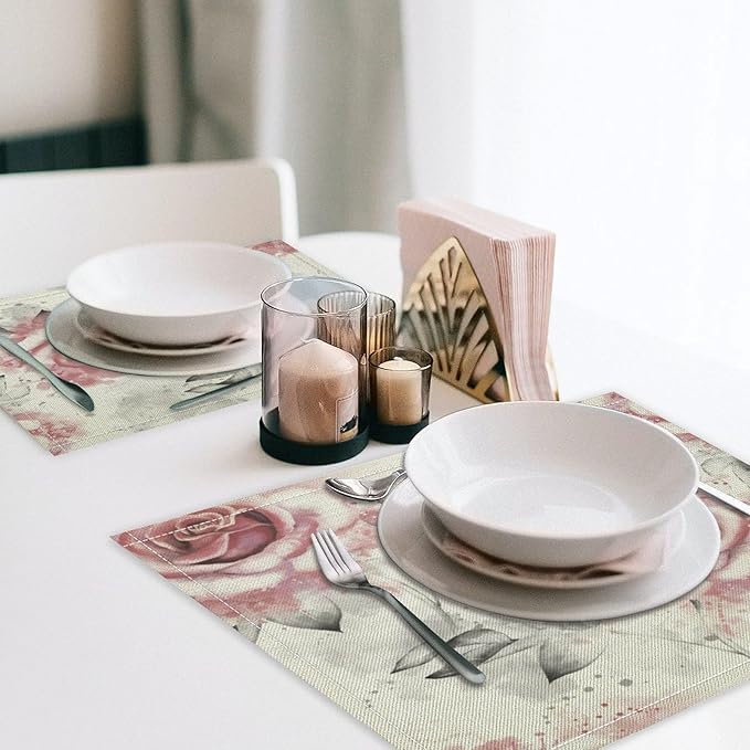 Rose Placemats Set of 4, 17x12 Inch Vintage Romantic Floral Pink Rose Gray Leaf White Table Mats for Home Party Kitchen Dining Decor