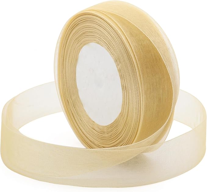 Gold Ribbon for Gift Wrapping, 1 inch 50Yard Sheer Organza Ribbon for Flower Bouquet, Golden Gifts Wrap Chiffon Ribbons for Fathers Day, Crafts, Christmas, Wedding, Birthday Party Decoration
