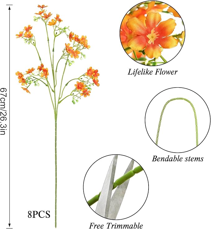 8PCS Fake Fall Flowers Real Touch Silk Flowers,Orange Artificial Flowers for Decorations, Babys Breath Artificial Flowers Bulk for Halloween Thanksgiving Fall Decor (Orange, 8PCS)
