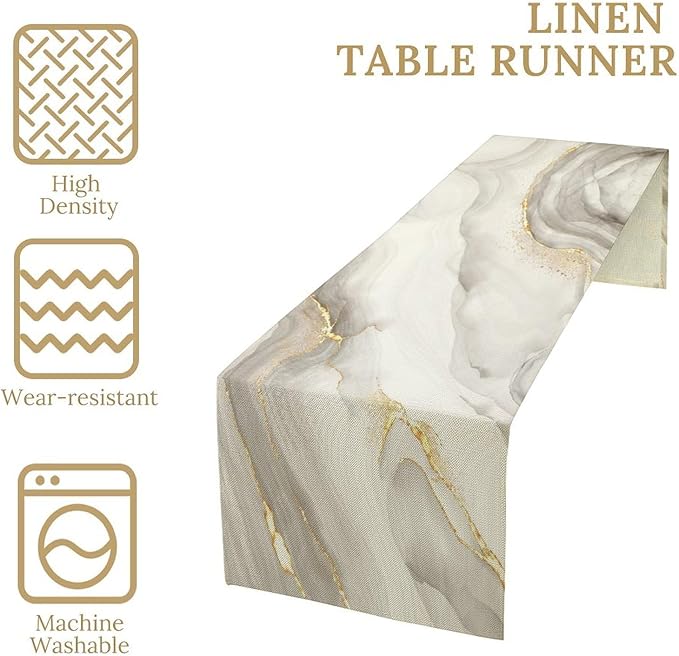 White Grey Marble Table Runner Abstract Modern Luxury Ink Texture Gold Veins Dinner Runner Table Decoration for Home Kitchen Dining Holiday Party 13x36in
