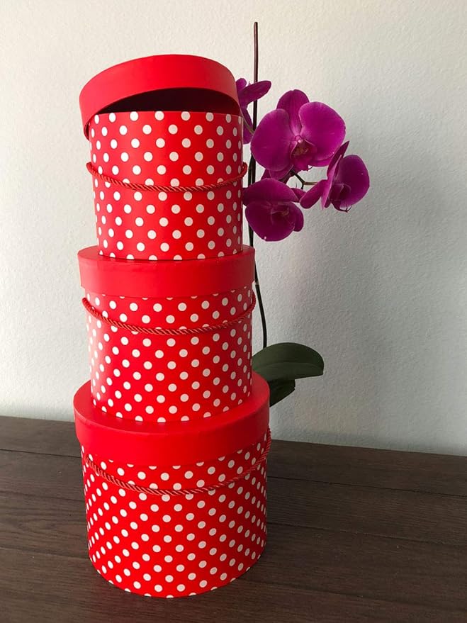 UNIKPACKAGING Premium Quality Round Flower Box, Gift Boxes for Luxury Flower and Gift Arrangements, Set of 3 pcs, (Red White Dots)