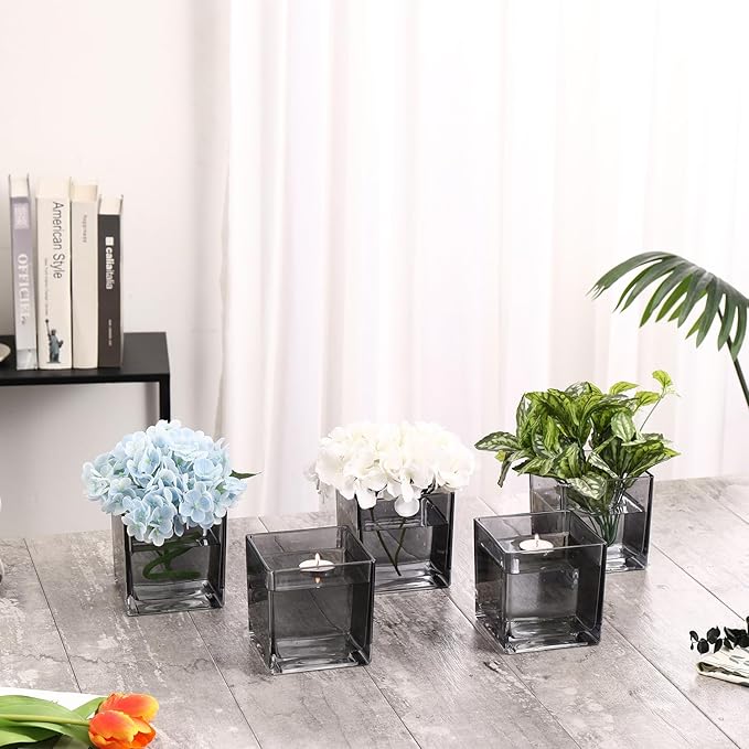 Square Glass Vases Set of 6, 4" x 4" x 4" Square Flower Vases for Centerpieces, Grey Vase for Flowers, Small Vase for Wedding, Party, Home Office Decoration