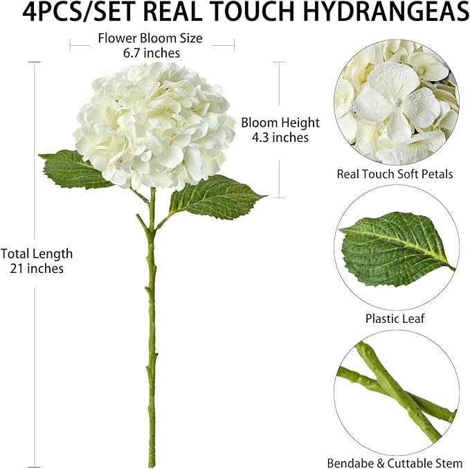4Pcs 21 inches Real Touch Hydrangeas Artificial Hydrangeas Pink Flowers Faux Hydrangea for Kitchen Living Room Porch Home Decor Baby Shower Party Wedding Christmas Xmas Table Centerpiece