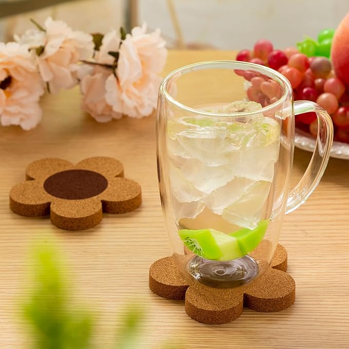 Foaincore 24 Pcs Thick Flower Cork Coasters for Drinks 4 Inch Absorbent Reusable Farmhouse Rustic Wood Drink Coasters for Coffee Wine Mug Desk Glass Table Aesthetic Cute Apartment Decoration