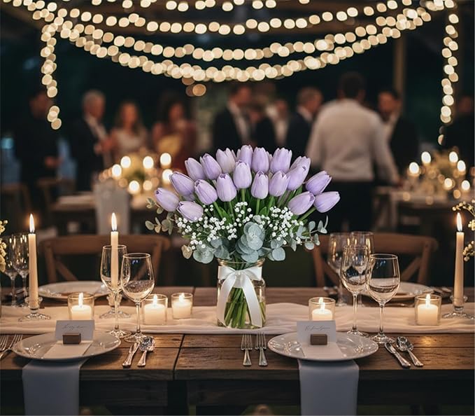 Purple Faux Tulips (20 Pcs) - Premium PU Artificial Flowers for Christmas & Thanksgiving Table Setting, Winter DIY Home Decor - 13.5" Real Touch