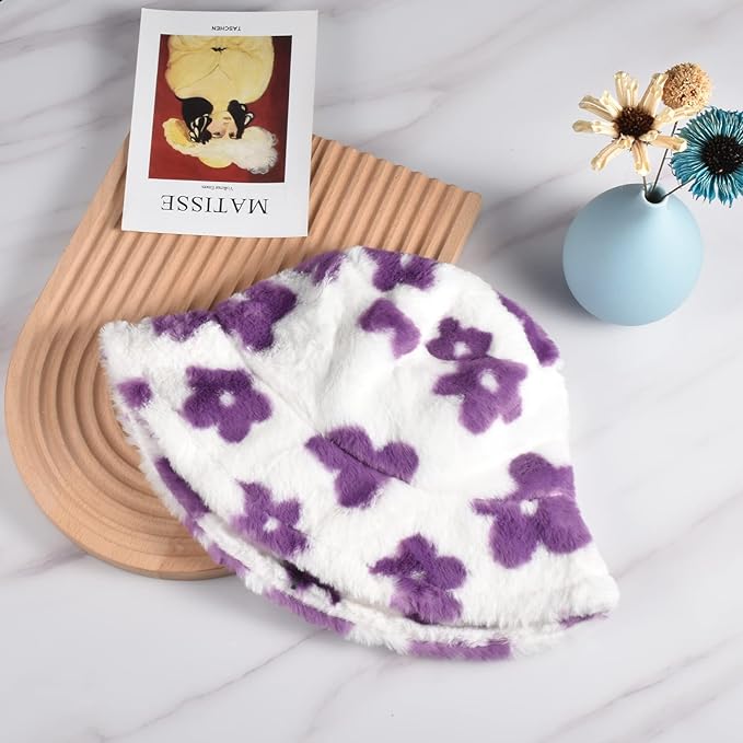 Winter Soft Faux Fur Plush Bucket Hat, Lovely Fisherman Cap, Fashion Outdoor Thick Warm Sun Cap for Women