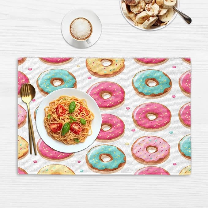 Sweet Doughnuts Placemats, Place Mats Set of 4, Heat Resistant Place Mats, Washable Table Mats for Dining Table, Non-Slip Stain Resistant Kitchen Table Placemats, Colorful Donut Pattern