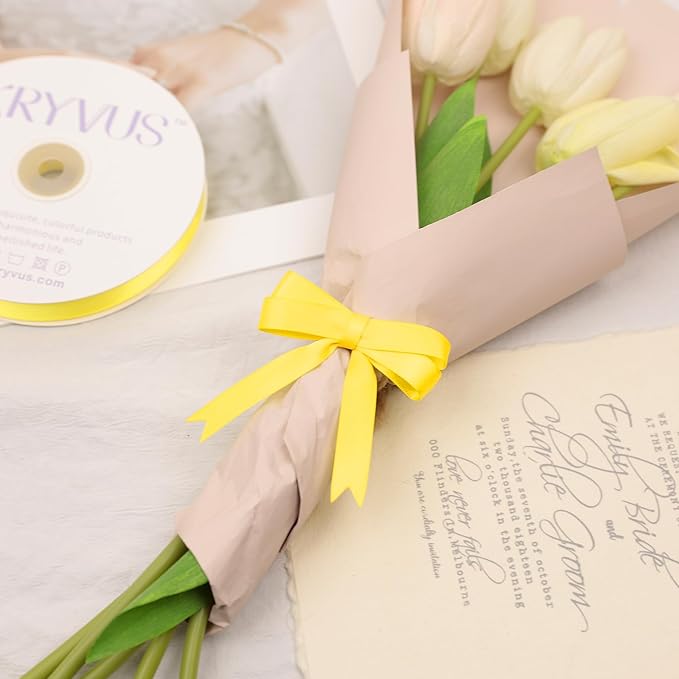 Daffodil Yellow Satin Ribbon, Double Faced 1/2 Inch X 50 Yards Daffodil Ribbon, Premium Satin Ribbon for Gift Wrapping, Crafts, Hair Bow Making, Sewing, Flower Bouquet, Wedding Party Decor
