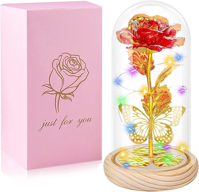 QUNPON Christmas Rose Gifts for Women,Flowers Womens Gifts for Mom,Sister,Grandma,Her,Wife,Birthday Gifts for Women,Galaxy Glass Red Butterfly Rose Gifts for Valentines Day,Wedding