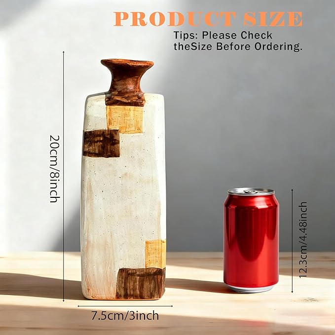 Ceramic Flower Vase Home Decor-8" Tall Vase for Centerpieces,Large Decorative Terracotta Vases, Farmhouse Rustic Pottery Vase for Home Decor Living Room, Table,Shelf or Mantel(Square)