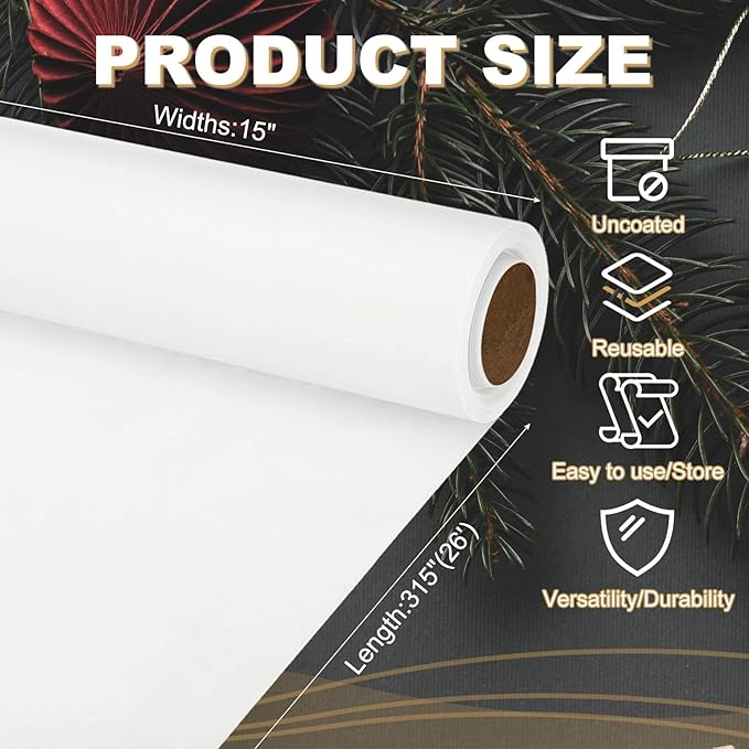 PATIKIL Wrapping Paper, 15"x315"(26') Bulletin Board Paper Roll Kraft Paper Roll Construction 80GSM for Shipping Packing Gift Wrapping Craft Flower Bouquet Christmas, White