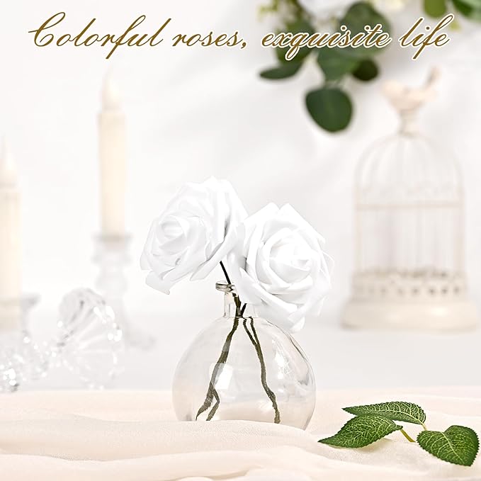 BLEUM CADE 16Pcs Artificial Flowers Fake Roses with Stems, White Boxed Foam Roses for DIY Bouquets Centerpieces Wedding Party Arrangement Bridal Shower Decor