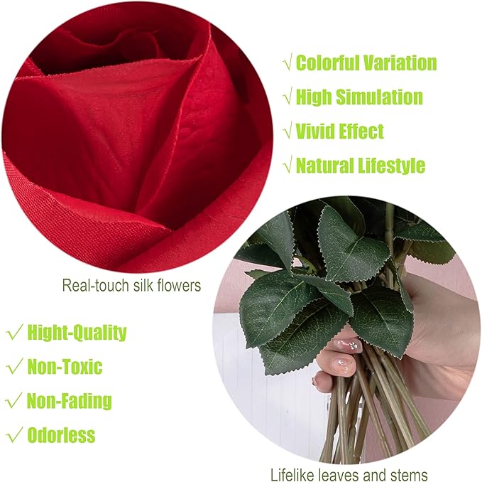 12pcs Half Opened Artificial Rose Buds,17 Inch Real Touch Silk Roses with Partially Opened Flowers, Artificial Flower for Home Décor Centerpiece Wedding Bouquet,Red