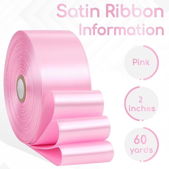 Pink Satin Ribbon 2 Inch 60 Yards, Solid Polyester Fabric Ribbon for Flower Bouquet, Hair, Crafts, Gift Wrapping, Birthday Party, Handmade Roses, Wedding and Festival