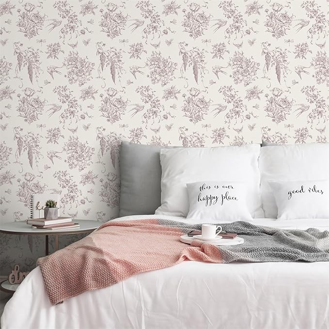 Vintage Floral Peel and Stick Wallpaper Red Floral Contact Paper 16.9"x118.1" Cream White and Red Flowers Bird Self Adhesive Wallpaper for Bathroom Waterproof Removable Wall Paper Cabinets Decorative