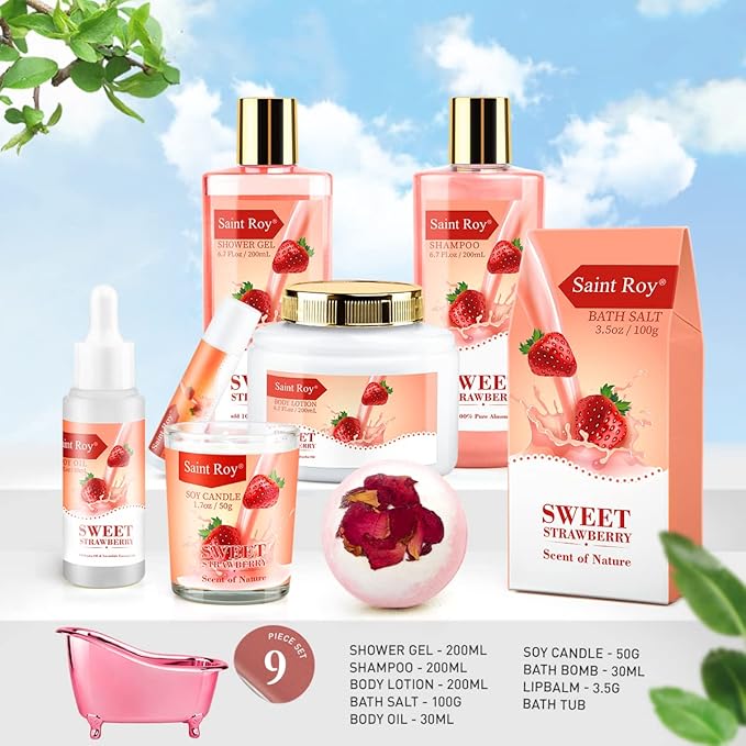 Spa Kit for Women, Bath & Body Gift Set, Luxury Home Spa Bath Gift Basket, Strawberry Scented Bath Set Christmas Gifts for Women, Pamper Gifts for Girls & Teens, Birthday Gift, Bath Self Care Gift