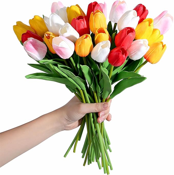 SITUMEIZI Fake Flowers Tulips Artificial Silk Flower 15pcs Real Touch 14" for Spring Easter Home Kitchen Wedding Bouquet Bulk Mother's Gift Day Decorations(Assorted Colors,5)