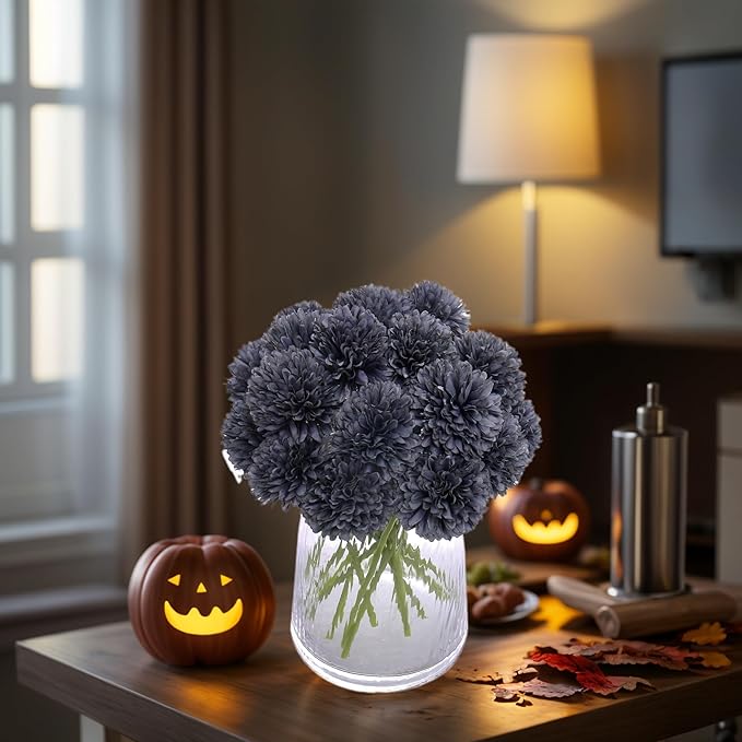 Kimura's Cabin 20Pcs Faux Mums Flowers Artificial Silk Chrysanthemums Fake Ball Flower for Halloween Fall Home Kitchen Table Decor Arrangement Decoration Bouquets (Grey Black)