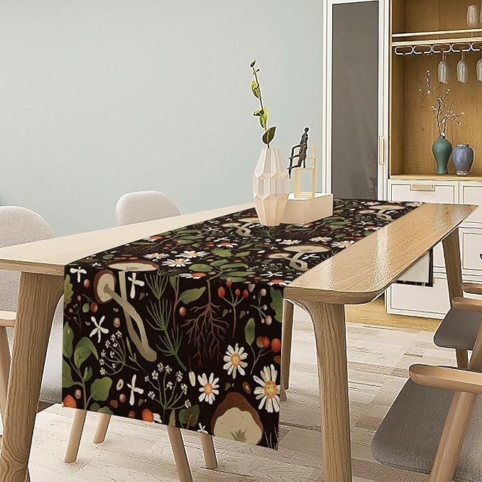 Vintage Mushroom Table Runner Rustic Garden Wildflower Botanical Plants Herbs Spring Summer Seasonal Black Dinner Runner for Kitchen Dining Cabin Home Holiday Party 13x108in